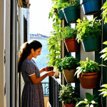 Urban Oasis**

"A cozy balcony garden in Lisbon, Portugal. A fully clothed woman tends to a vertical garden filled with herbs and chili peppers. Sunlight streams through the leaves, creating dappled shadows. Clay pots and colorful tiles add to the charm. safe for work, appropriate content, fully clothed, professional photography, perfect anatomy, natural proportions, family-friendly setting, high resolution, detailed textures."

**