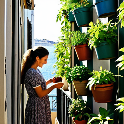 Home 11 Urban Oasis**
"A cozy balcony garden in Lisbon, Portugal. A fully clothed woman tends to a vertical garden filled with herbs and chili peppers. Sunlight streams through the leaves, creating dappled shadows. Clay pots and colorful tiles add to the charm. safe for work, appropriate content, fully clothed, professional photography, perfect anatomy, natural proportions, family-friendly setting, high resolution, detailed textures."
**