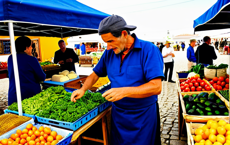 Local Market Scene**
"A vibrant and colorful farmer's market in the Alentejo region of Portugal, filled with fresh produce, cheeses, and local wines. Farmers are selling their goods from wooden stalls. A professional chef is carefully selecting ingredients. Everyone is fully clothed in appropriate attire. Safe for work, appropriate content, family-friendly. Perfect anatomy, correct proportions, natural pose, well-formed hands, proper finger count, natural body proportions, professional photography, high quality."
**