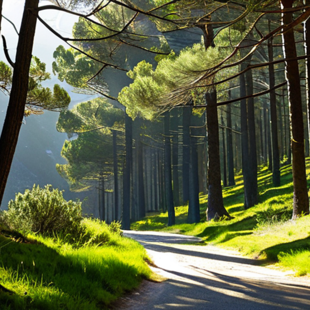 지속 가능한 영감의 정신적 혜택 - Nature's Embrace**
"Sunlight filtering through trees in Serra da Estrela, Portugal, creating dapple...