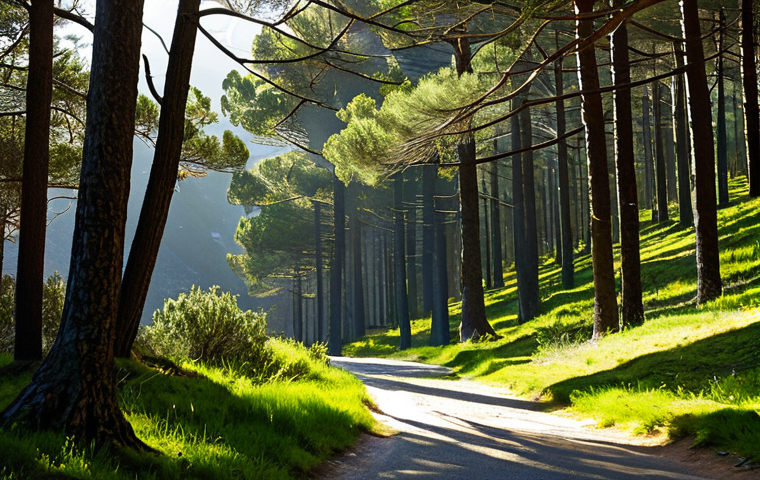 지속 가능한 영감의 정신적 혜택 - Nature's Embrace**
"Sunlight filtering through trees in Serra da Estrela, Portugal, creating dapple...