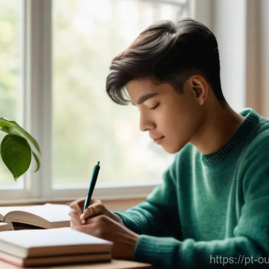 지속 가능한 영감 관리 사례 연구 - **Prompt:** A young, gender-neutral person in their late 20s is sitting comfortably at a minimalist ...