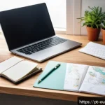 Home 22 자신만의 지속 가능한 영감 관리법 만들기 - A cozy creative workspace scene in a modern home office, featuring a neat wooden desk with a small p...