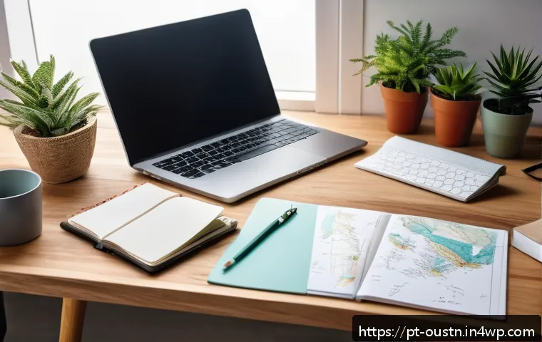 자신만의 지속 가능한 영감 관리법 만들기 - A cozy creative workspace scene in a modern home office, featuring a neat wooden desk with a small p...