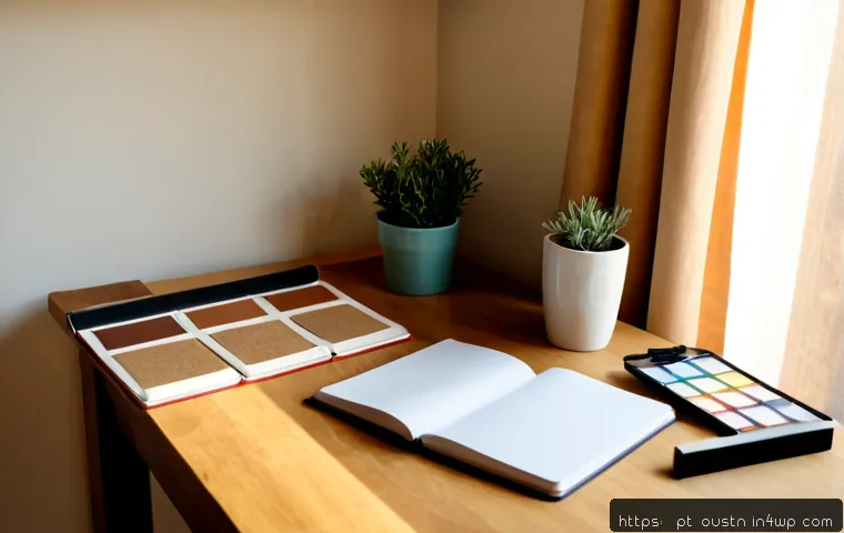 Home 13 지속 가능한 영감 관리의 필요성 - Photorealistic home workspace in Portugal, a thoughtful middle-aged woman organizing a simple inspir...